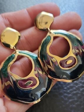 VTG Gold Tone Abstract Drop Earrings with Green and Purple Enamel